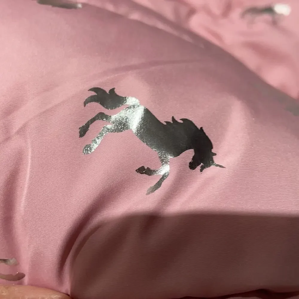 Children place L pink silver unicorn warm puffer coat hood faux fur trim NWT